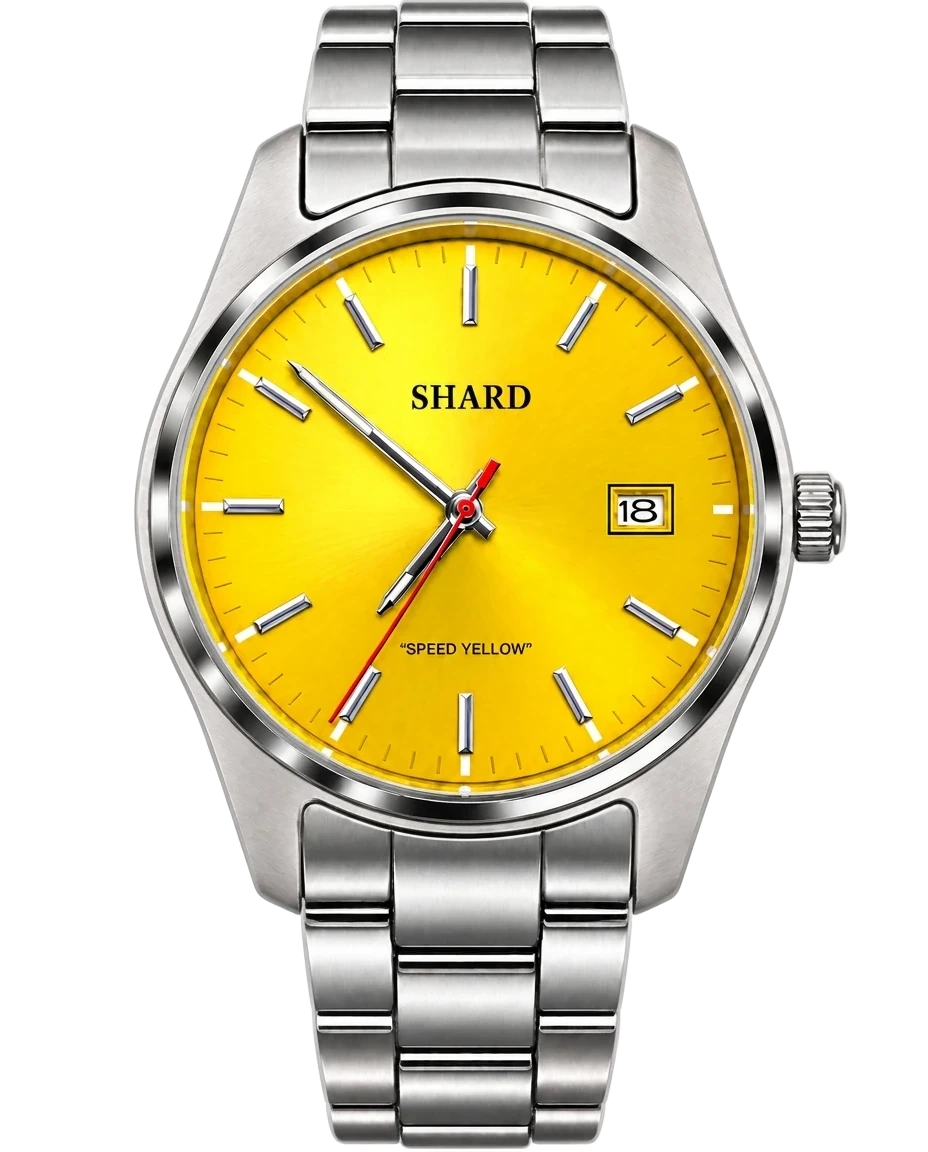 The Shard Sport Speed Yellow automatic watch, front view, dial set to 10:10